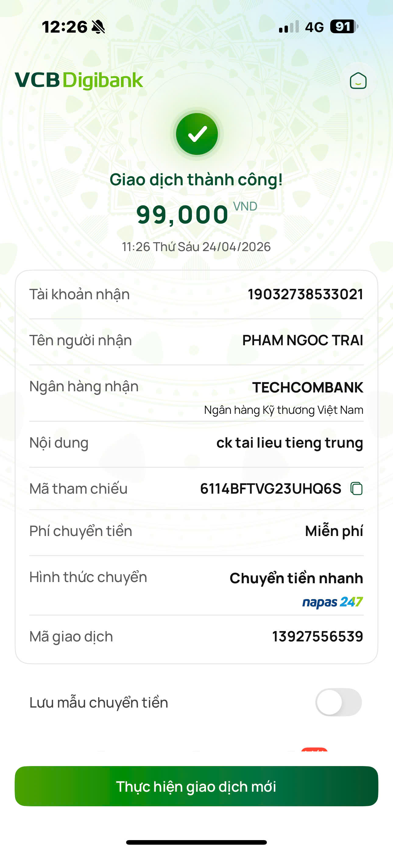 Giao dịch thành công